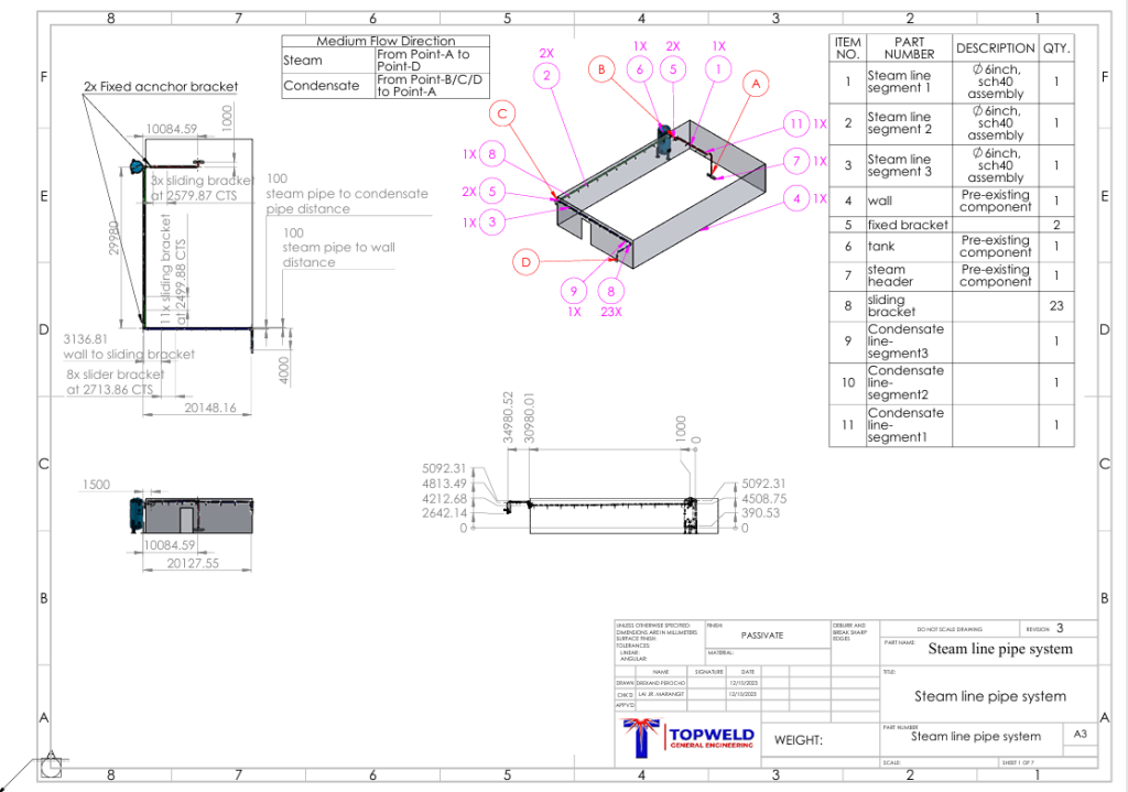 2D and 3D parametric design model of stainless steel product line piping fabrication