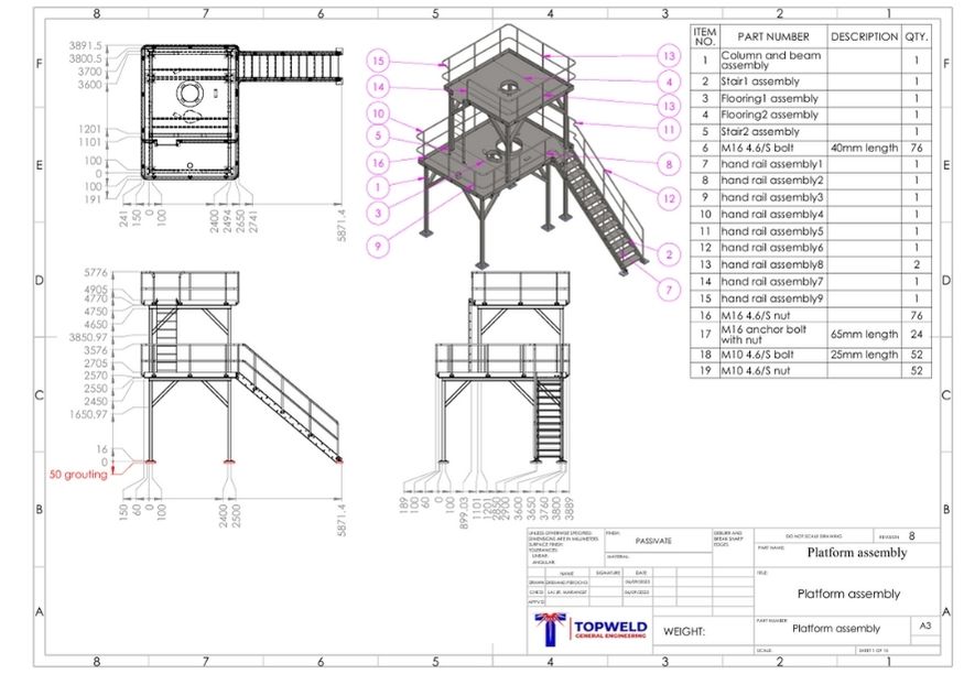2D and 3D design model of stainless steel work platform using parametric software