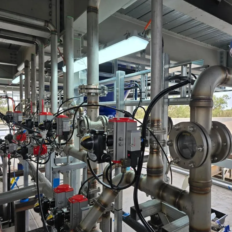 Stainless steel steam and condensate line system in abattoir plant, supporting sterilization, hot water supply, and process heating.